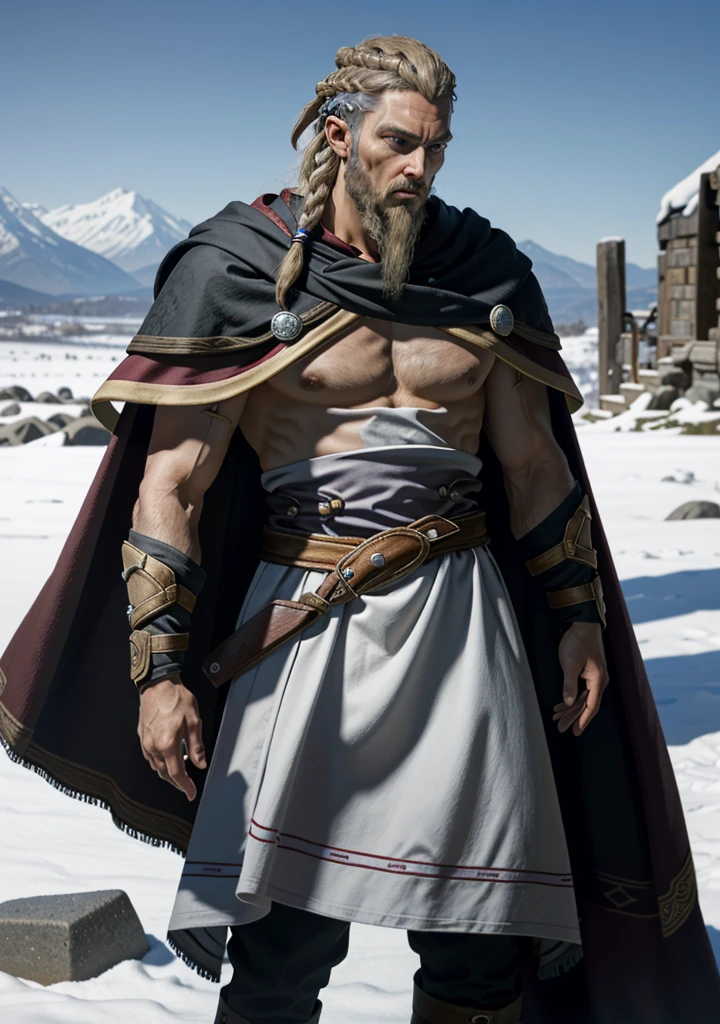 Viking, ****ung boy, standing alone, bare chested, stark, male focus, facial hair, Barba, White hair, braid, missiles, jewerly, necklase, trunk, cape, realisitic, manly, missilesduras, nblurry background, plein-air, giorno, blurry masterpiece, best qualityer,
