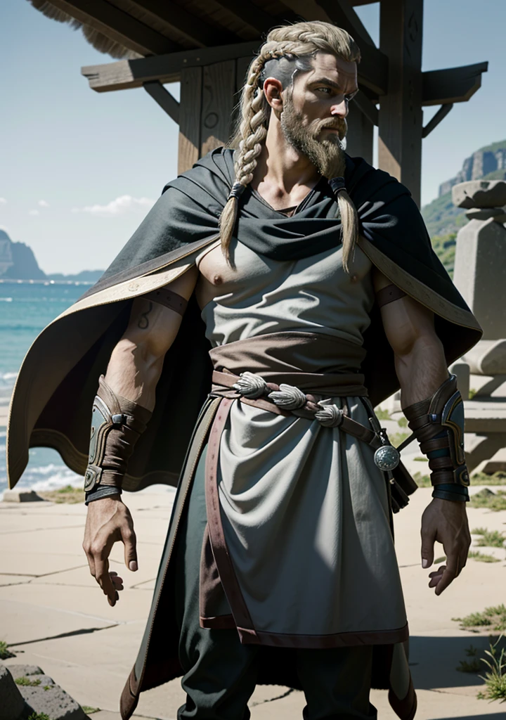 Viking, ****ung boy, standing alone, bare chested, stark, male focus, facial hair, Barba, White hair, braid, missiles, jewerly, necklase, trunk, cape, realisitic, manly, missilesduras, nblurry background, plein-air, giorno, blurry masterpiece, best qualityer,
