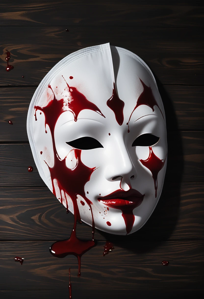 Just a white facial mask stained with blood, on top of a black wooden table
