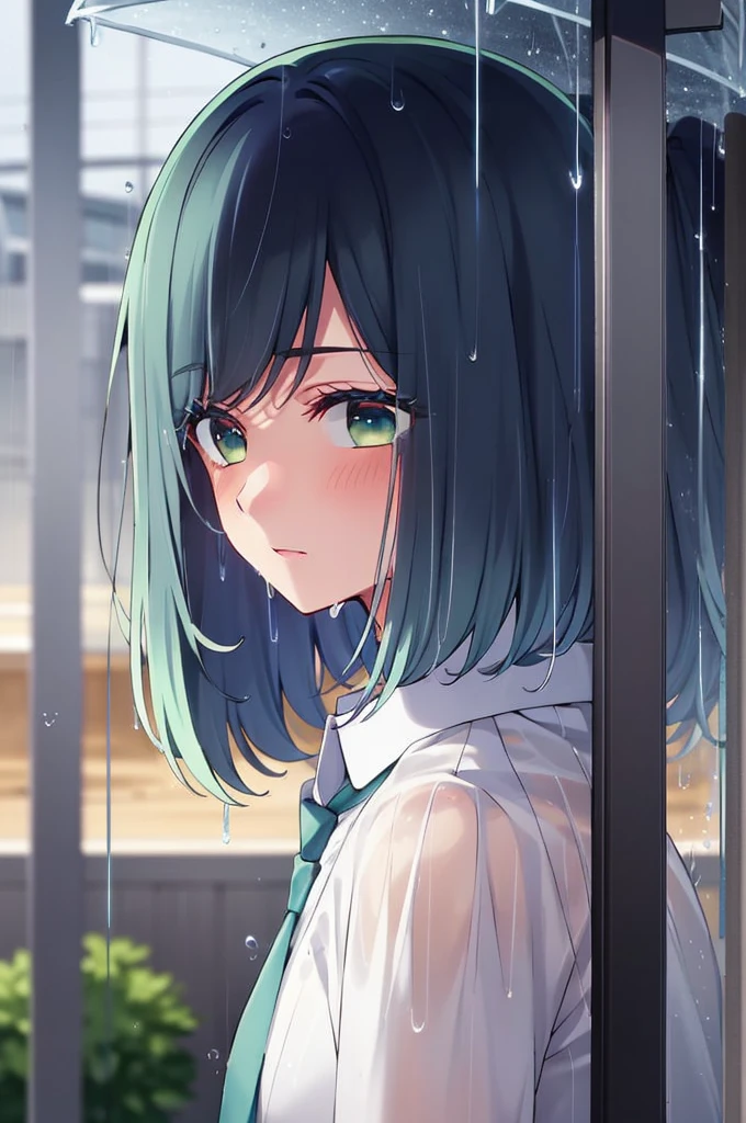 Tabletop, Highest quality, Ultra-high resolution, Very detailed, High Contrast, Beautiful lighting, Depth of written boundary, Blue Hair, Green Eyes, (Bob Hair:1.5), blush, Browsing Caution, White shirt, Blue tie, (The top is see-through:1.5), (rain:1.2)