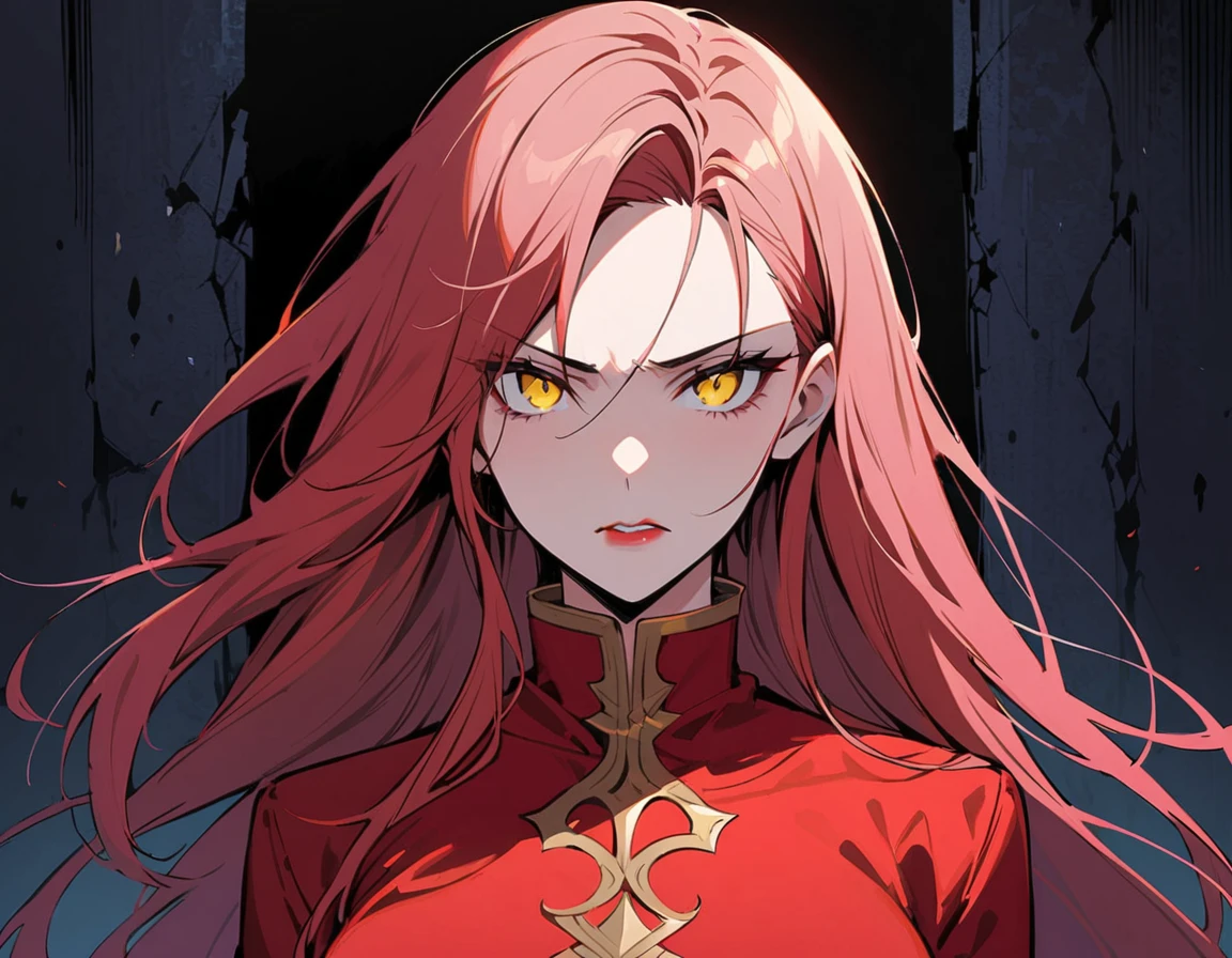 Long red hair, yellow eyes, evil, sexy, black and red clothes, cute hairstyle, evil face, evil, serious look, gloss lips, sinister, front look, bloody, gloves, (((half-body portrait))), beautiful eyes, short dress, big white, dark place, night, sensual, straight hair cut, clear skin, evil, young 30 years girl, adult girl, solo, red, very long hair, (((Older mature woman)))