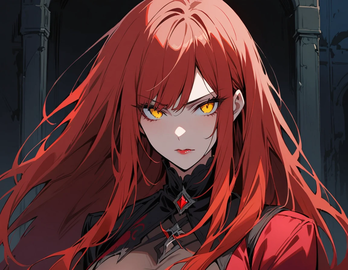 Long red hair, yellow eyes, evil, sexy, black and red clothes, cute hairstyle, evil face, evil, serious look, gloss lips, sinister, front look, bloody, gloves, (((half-body portrait))), beautiful eyes, short dress, big white, dark place, night, sensual, straight hair cut, clear skin, evil, young 30 years girl, adult girl, solo, red, very long hair, (((Older mature woman)))