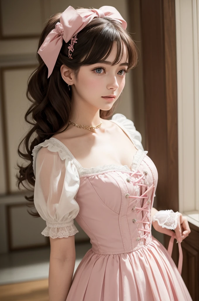 Hello everything is fine? I would like you to create a pink "Bridgerton" style dress, inspired by the years 1813, in the Regency style. I want a delicate dress, with a high waist, high neckline, less voluminous skirt and gloves, on a mannequin. I would also like a matching hair accessory, it could be a bow. Thank you very much!