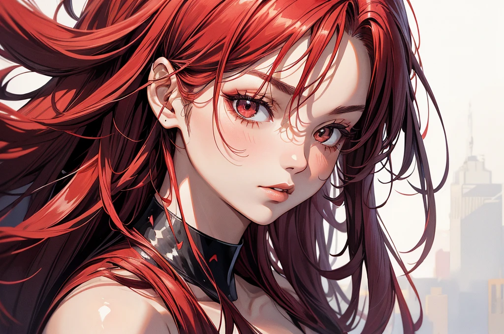 20 year old girl, sexy model, red theme, long hair, high contrast (Natural skin texture, Hyperrealism, Soft Light, sharp), portrait, standing, kpop