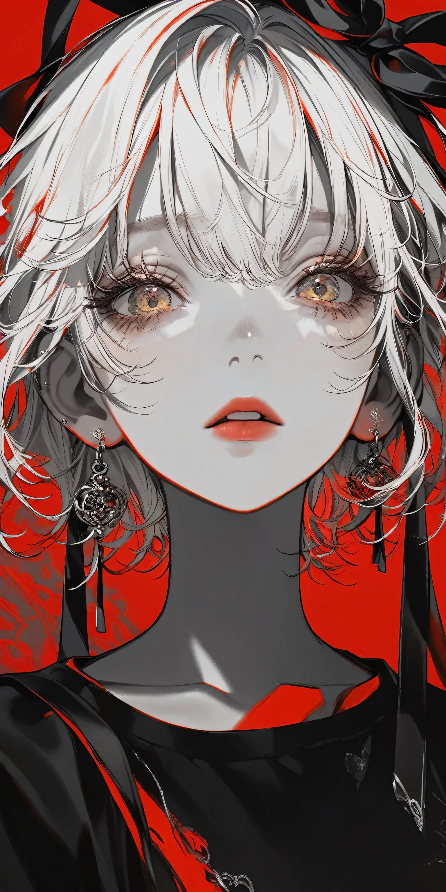 1girl, solo, short hair, bangs, shirt, white hair, ribbon, hair between eyes, jewelry, collarbone, black shirt, upper body, earrings, yellow nail, blurry, eyelashes, black ribbon, half open eyes, portfolio, portrait, monochrome, portrait, red theme, album cover