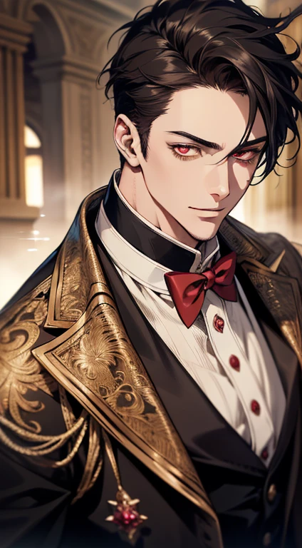 undercucho Close Portrait of Elegant Person [undercucho] in bespoke MAN suit: tall muscular man, classic style, intricate detial baroque, elegant, bright lights, highly detailed, digital painting, artstation, concept art, soft and sharp focus, portrait , illustration, art by wlop, mars ravelo and greg rutkowski (High detail skin: 1.2), 8k uhd, DSLR, soft lighting, high quality, film grain, Fujifilm XT3 mix4, male model, (((1 MAN))) suit, seductive, Florence, Italy background, (((/LOOKING AT THE VIEWER/))) ((((SHORT BLACK HAIR))) (((SHOULDER-LENTH HAIR))) (((RED RUBY EYES))) (((DELIGHTED LOOK))), SMILE, MYSTERIOUS AURA, night, bokeh, depth of field, (upper body: 1.0), best quality, intricate details, detailed eyes, masterpiece, film grain, 1900s, kodakchrome, flashlight, strange smoke around him, MASTERPIECE