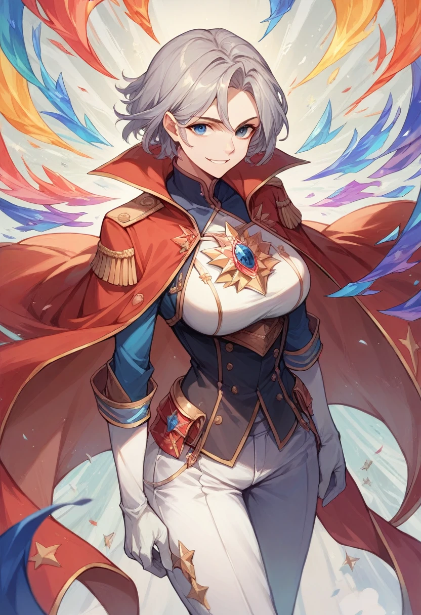 ,colorful,(masterpiece:1,2), Highest quality, masterpiece, High resolution, original, Highly detailed wallpaper, One girl ,smile,alone, Grey Hair, blue eyes, original_Costume,Red Cape,White pants, gloves, chest, uniform, large chest