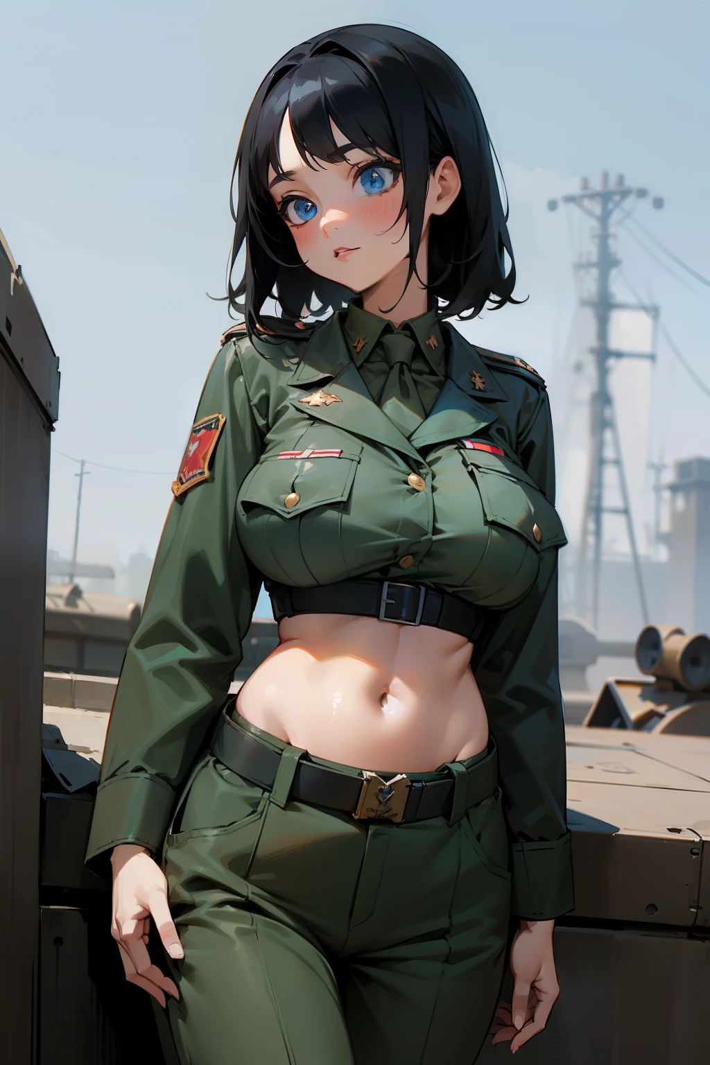 Cute girl, black hair, blue eyes, wearing a WWII army uniform, big breasts, exposed stomach,
