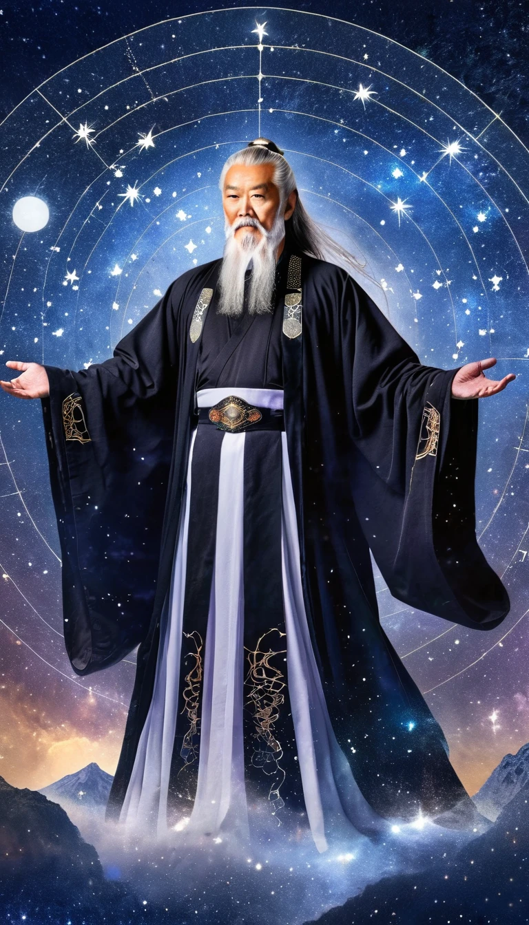 Oriental Fortune Teller，The old immortal on the top of the stars，Elders，White beard and long white eyebrows，Black loose hanfu robe，Looking at the stars，Galaxy Tai Chi Bagua Diagram，artistic conception，large quantities of，Runes，Luminescence，Dream
