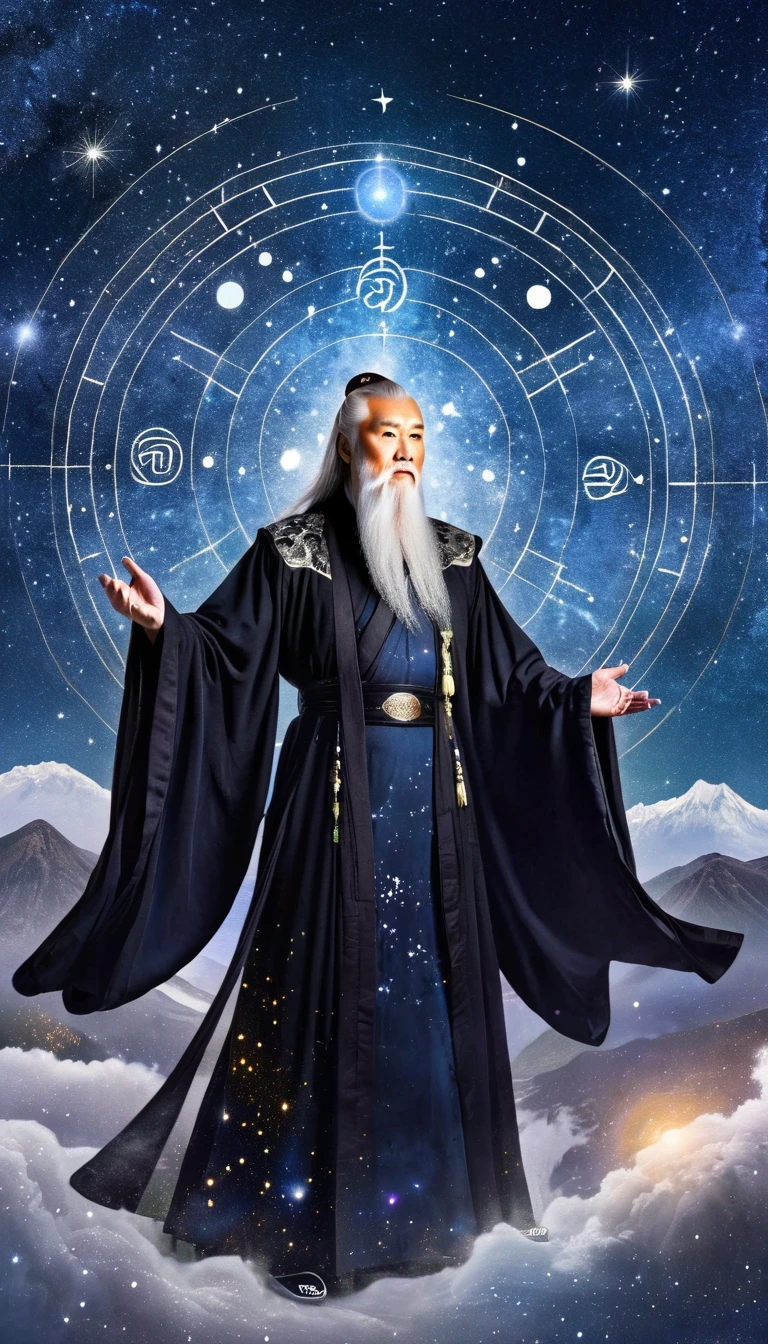 Oriental Fortune Teller，The old immortal on the top of the stars，Elders，White beard and long white eyebrows，Black loose hanfu robe，Looking at the stars，Galaxy Tai Chi Bagua Diagram，artistic conception，large quantities of，Runes，Luminescence，Dream
