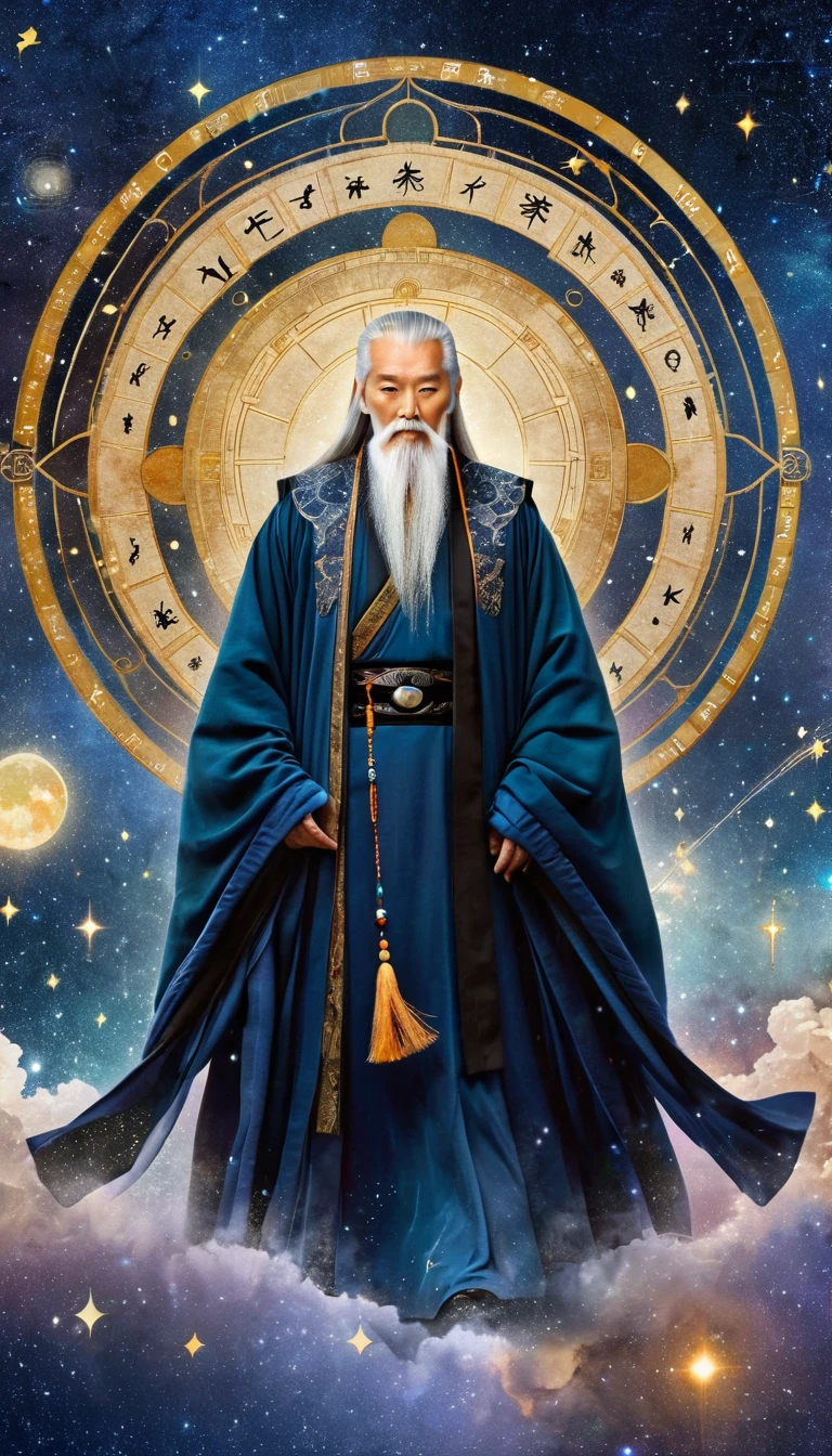 Oriental Fortune Teller，The old immortal on the top of the stars，Elders，White beard and long white eyebrows，Black loose hanfu robe，Looking at the stars，Galaxy Tai Chi Bagua Diagram，artistic conception，large quantities of，Runes，Luminescence，Dream
