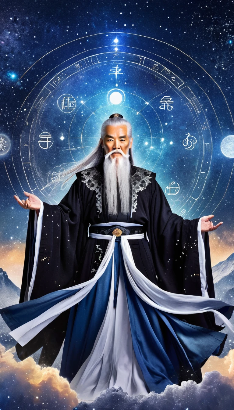 Oriental Fortune Teller，The old immortal on the top of the stars，Elders，White beard and long white eyebrows，Black loose hanfu robe，Looking at the stars，Galaxy Tai Chi Bagua Diagram，artistic conception，large quantities of，Runes，Luminescence，Dream
