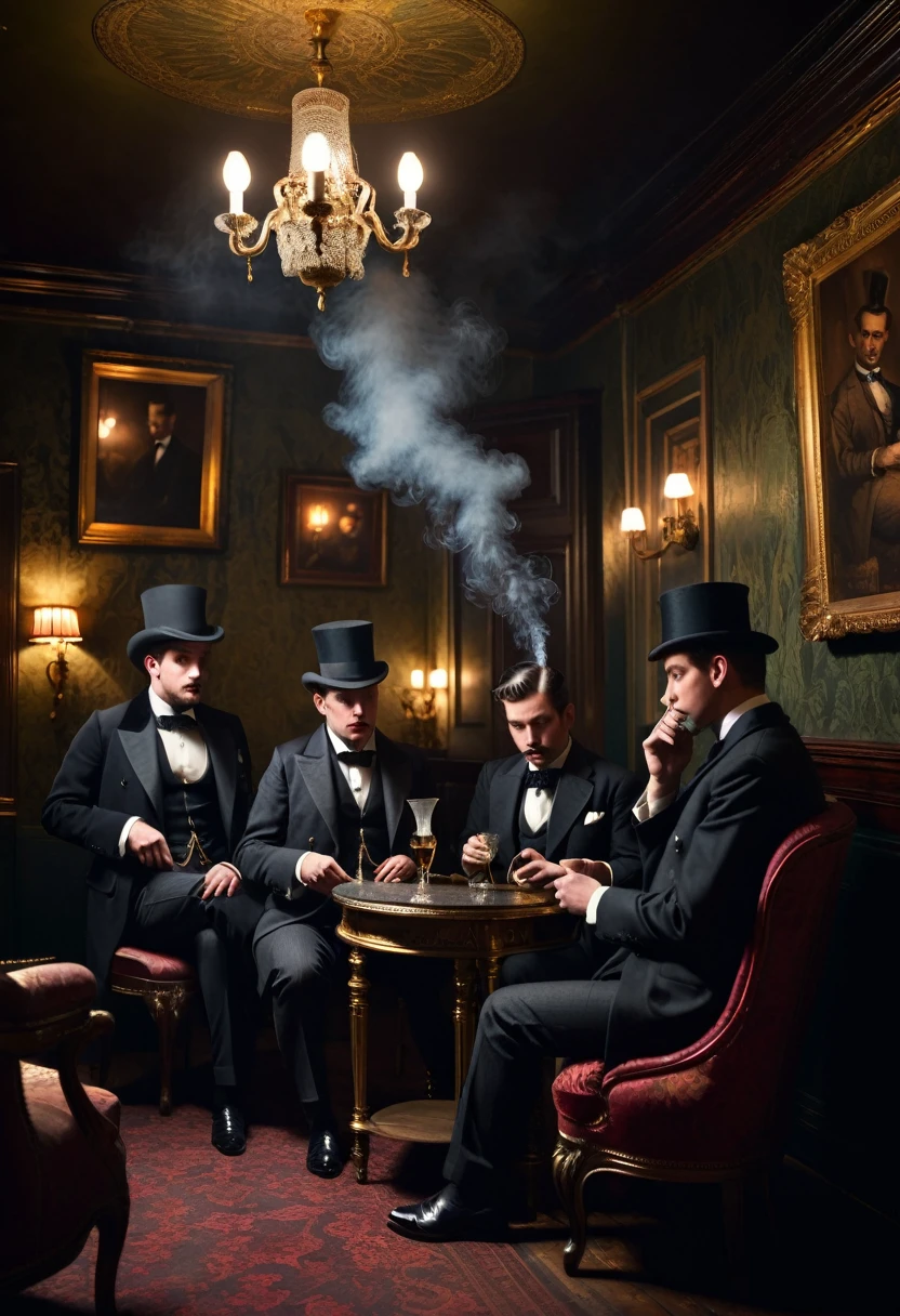a group of gentlemen smoking in a dimly lit and smokey parlour with their backs to the camera, their attention all focused on one point. victorian, royal, sumptuous furnishings