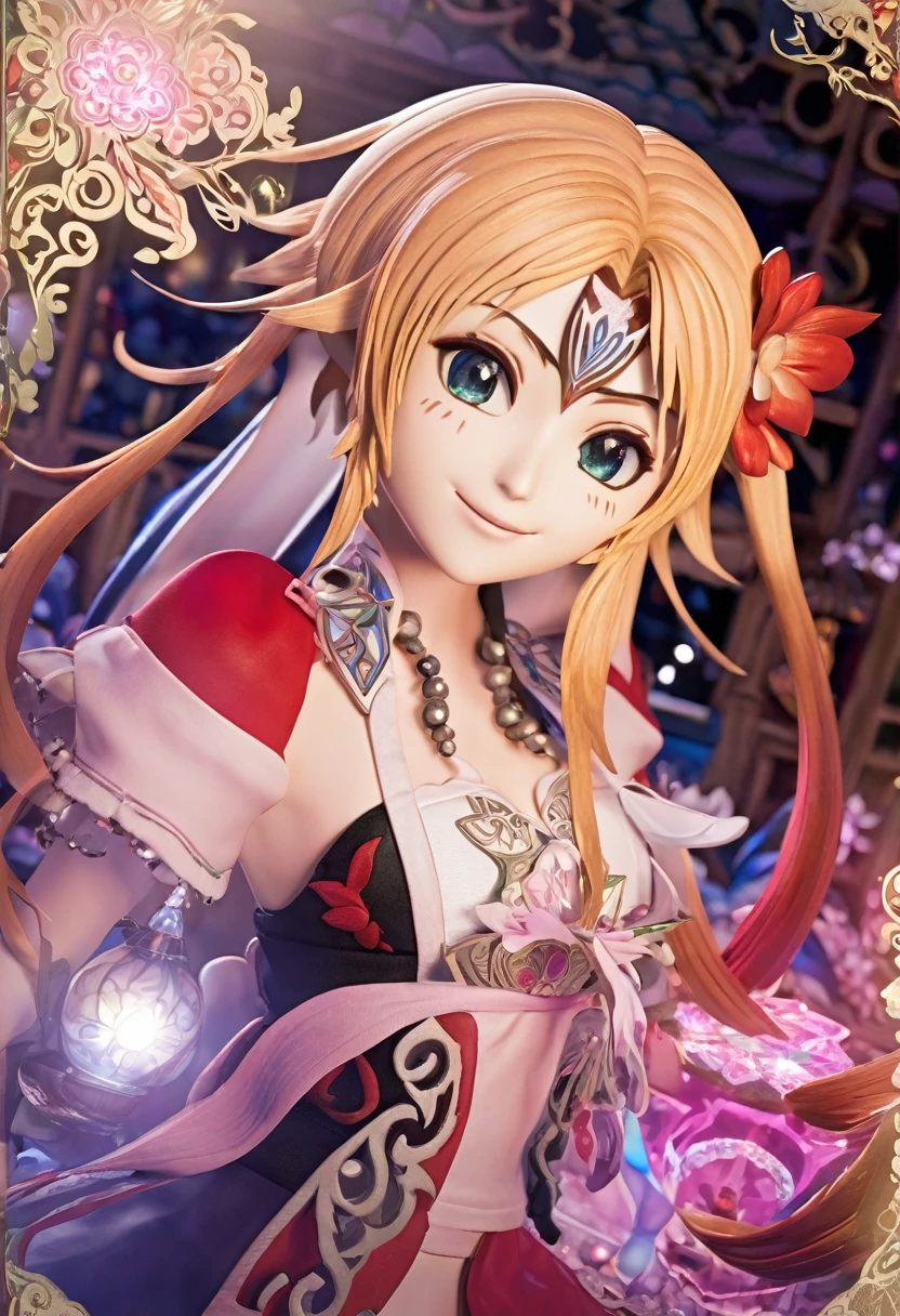 In a serene setting, the enchanting Ichigo Amaranth, depicted as a doll with a captivating dollface, interacts with a Vaan card. Her vibrant hair, reminiscent of a beautiful sunrise, is adorned in intricate patterns, showcasing delicate details and intricate craftsmanship. The card, bearing the image of Vaan, is illuminated by the soft glow of surrounding lights, creating a hyper-realistic effect. The shadows cast by the scene add depth and allure, emphasizing Ichigo's beautiful, radiant skin and captivating eyes. With a subtle smile upon her lips, Ichigo fondly touches the Vaan card.