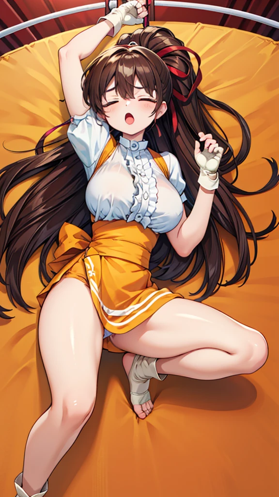 Highest quality,masterpiece,Lying down,sleep,(レスリングのリングにLying down, WWE Divas,Wrestling Arena,Wrestling ring background, Boxing ring background), 胎児の姿勢で仰向けにsleep, Lack of stamina, Ryona, Hitting a girl, death is near,タケユカ 超ロングヘア ヘアribbon, Frilled shirt, Underbust, ribbon, Fingerless gloves, White gloves, Waist apron, Orange Skirt, socks, Toeless legwear,winner, Nice, winner, (Moaning , Open your mouth), ((Leaning on the ground, 仰向けにsleep, 地面にsleep, lose consciousness, Unconscious, please lower your arms)), , ( Tilt your head),