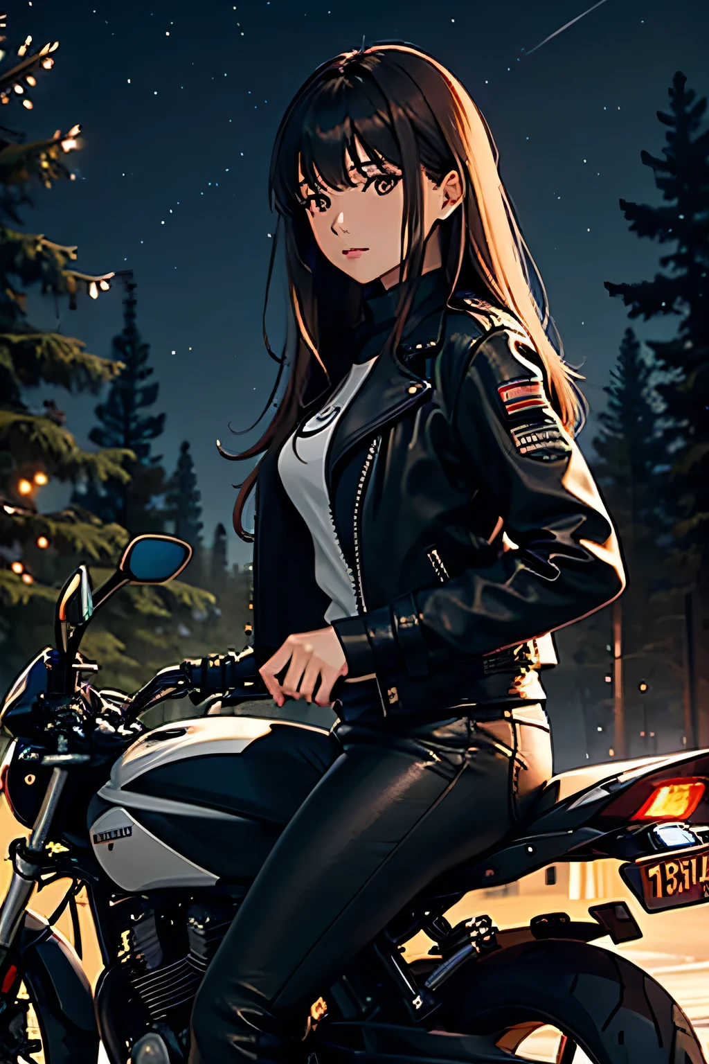 natta, natta, Starry Cèu, Woman with long brown hair and bangs, in front of a clandestine race track full of pine trees at night, leaning against a motorcycle, dressed in black leather jacket and black pants