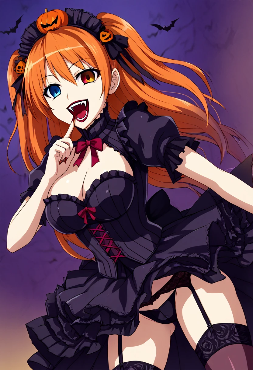 ,Huge ,Gothic ****ta,Garter Straps,Laughing with your mouth open,teeth,vampire,Halloween,Orange Hair,hair ornaments,Heterochromia iridis,Best image quality,Highest quality