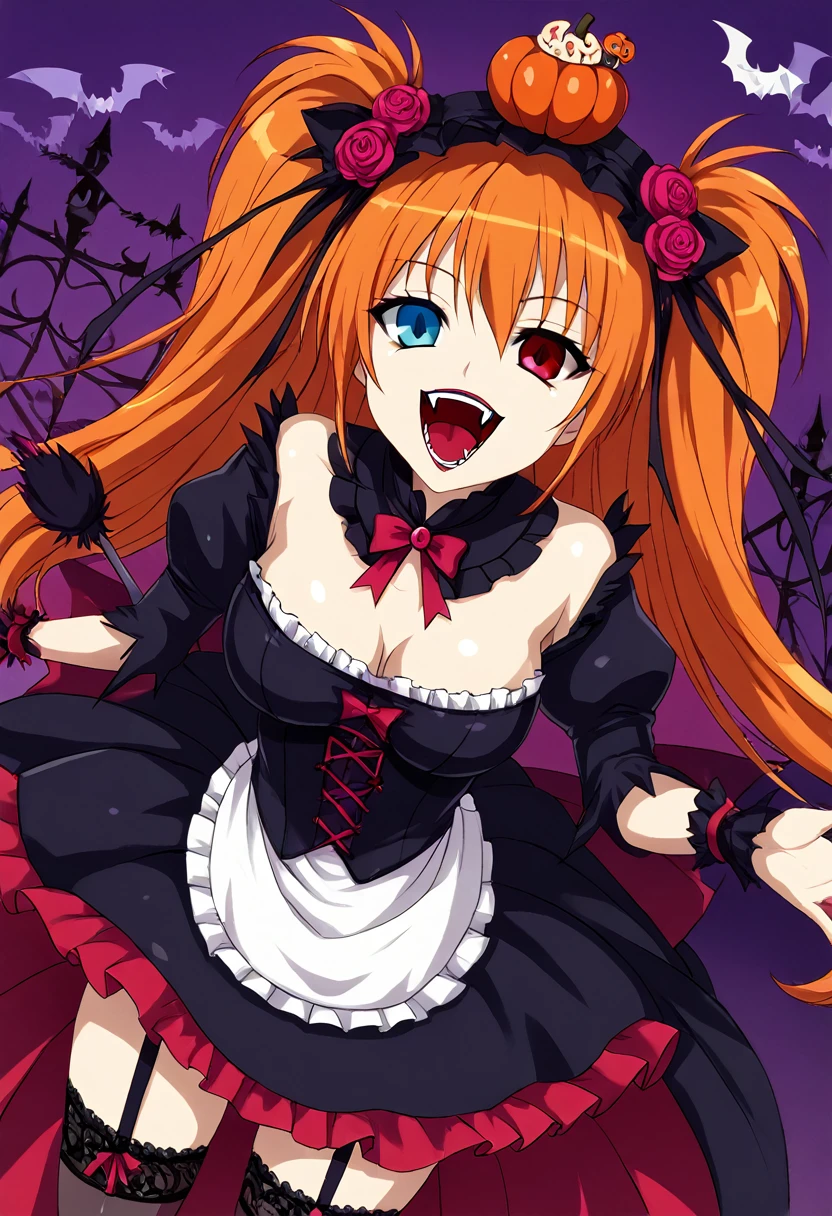 ,Huge ,Gothic Lolita,Garter Straps,Laughing with your mouth open,teeth,vampire,Halloween,Orange Hair,hair ornaments,Heterochromia iridis,Best image quality,Highest quality