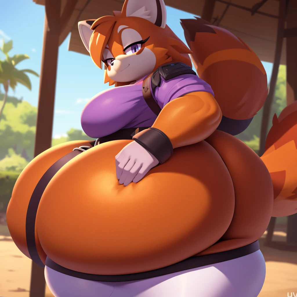 Mobian, red panda, female,huge , white pants, purple shirt, shoulder belts ,huge , huge ass, thicc, fat, high detail, masterpiece, UHD, anatomically correct, super detail, highres, 4K