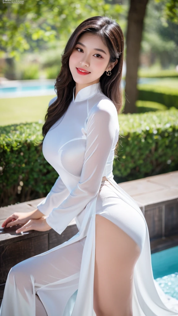 detailed body, attractive body, perfect human body, realistic face,
(ultimate quality, masterpiece, highres:1.0), realistic:1.6, photorealistic,
[8k UHD photos, UHD high quality photos, Super detailed and super clear images],
Close-up of a Vietnamese girl with a detailed body, attractive body, perfect human body, realistic face,
(ultimate quality, masterpiece, highres:1.0), realistic:1.6, photorealistic,
[8k UHD photos, UHD high quality photos, Super detailed and super clear images],
Close-up of a Vietnamese girl with a beautiful face, tall and beautiful like a photo model,
, leggy, round face, big round eyes, Charming smile, Red lips, long curly eyelashes, big dimples, pointed chin, plump face, bright white skin, slim waist and long legs, wearing rings and earrings,
 Her face resembles Tuyet Linh, Tall and plump figure, wearing a super bright and shiny white satin ao dai, sitting in the swimming pool, cute pose,
Super shiny satin ao dai, satin ao dai, sitting in the swimming pool, cute pose,
Super shiny satin ao dai, wearing see-through ao dai, see bra and panty,