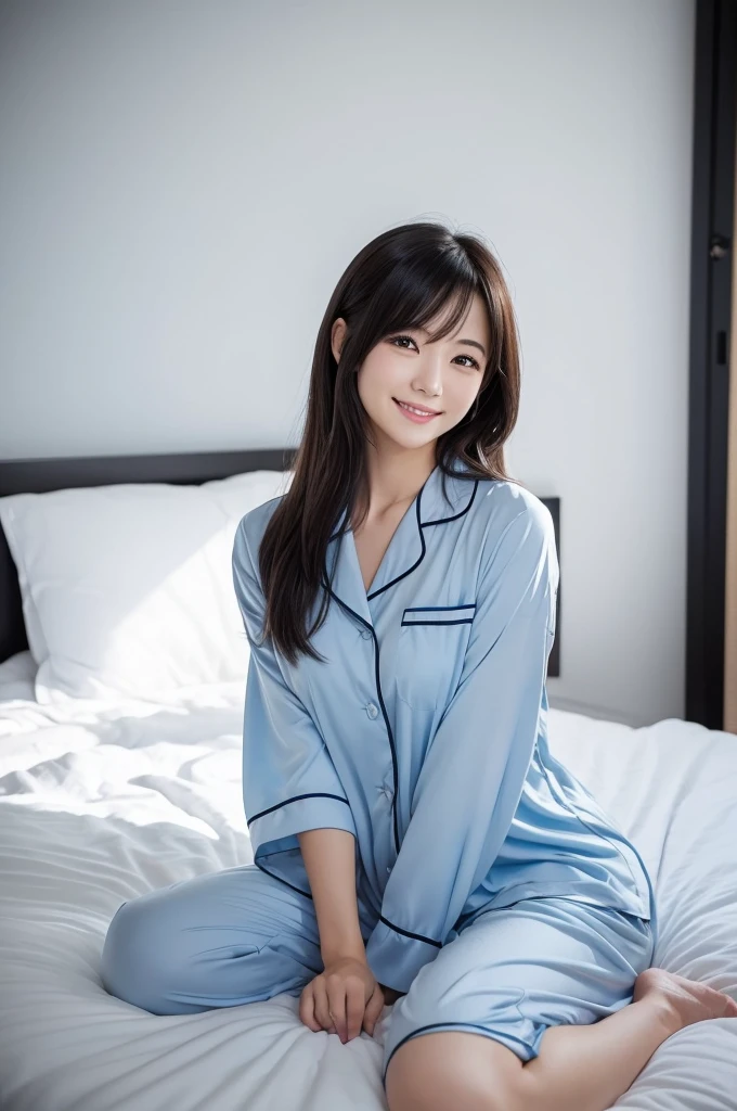 Have flowing medium length hair、Very Beautiful Japan Woman。She is wearing short-sleeved pajamas、It has striking bluish-black eyes.、Smiling and posing gracefully。On the bed in a room with white walls in the background。
The image style is realistic.、It adds a touch of glamour.。