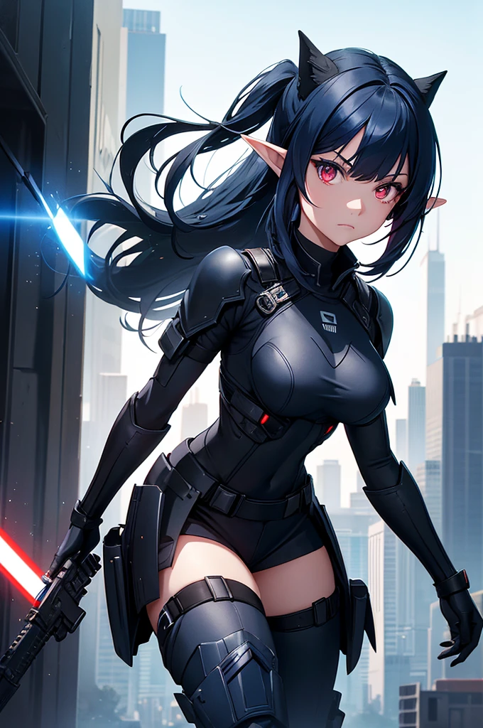 Create a high-quality image featuring an elf girl with dark navy-blue hair and straight bangs, and red eyes. She is a member of a police special forces unit, wearing black and blue body armor. She is in an aggressive pose with an aggressive expression, holding a blue glowing lightsaber. The background depicts a city inside a dome, with a black armored vehicle next to her. Emphasize that she is an elf girl.