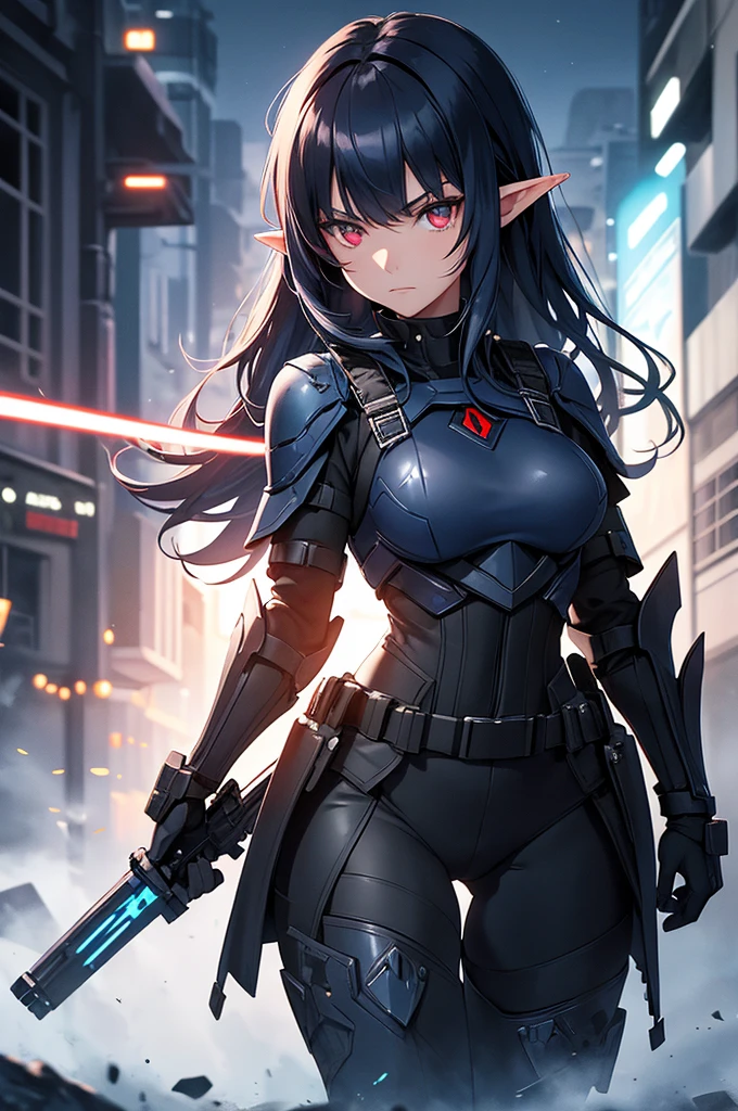 Create a high-quality image featuring an elf girl with dark navy-blue hair and straight bangs, and red eyes. She is a member of a police special forces unit, wearing black and blue body armor. She is in an aggressive pose with an aggressive expression, holding a blue glowing lightsaber. The background depicts a city inside a dome, with a black armored vehicle next to her. Emphasize that she is an elf girl.