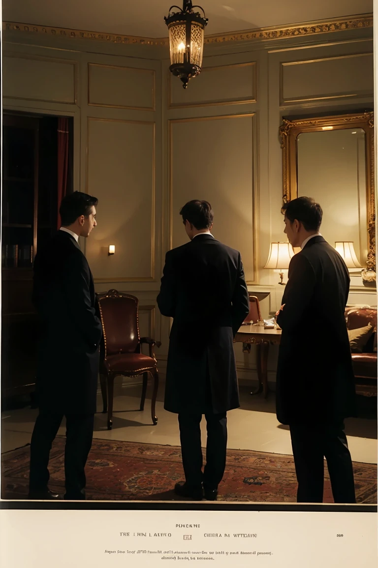 a group of gentlemen smoking in a dimly lit and smokey parlour with their backs to the camera, their attention all focused on one point. victorian, royal, sumptuous furnishings