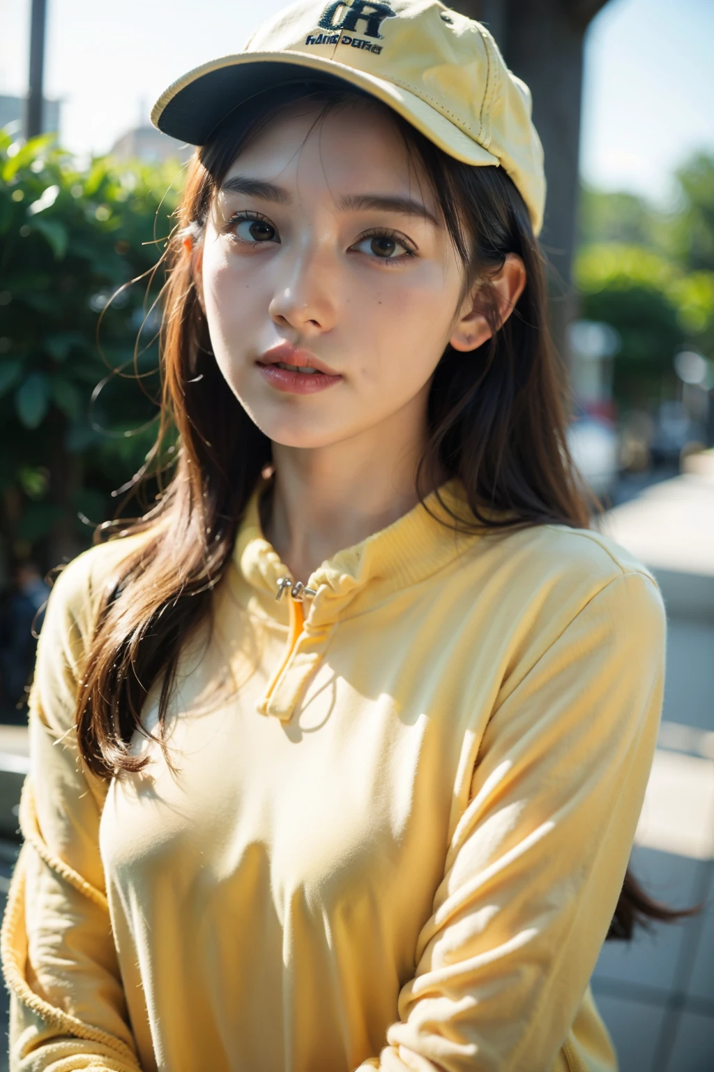 young adult, mid-twenties, female ginger, camera around neck, wearing yellow jumper, yellow baseball cap, character design, character animation, Kentaro Miura style, beautiful natural lighting, volumetric lighting, girl, depth of field, first-person view, f/1.8, 135mm, Nikon, UHD, retina, masterpiece, ccurate, anatomically correct, textured skin, super detail, high details, high quality, best quality, highres, 1080P, HD, 4K, 8k