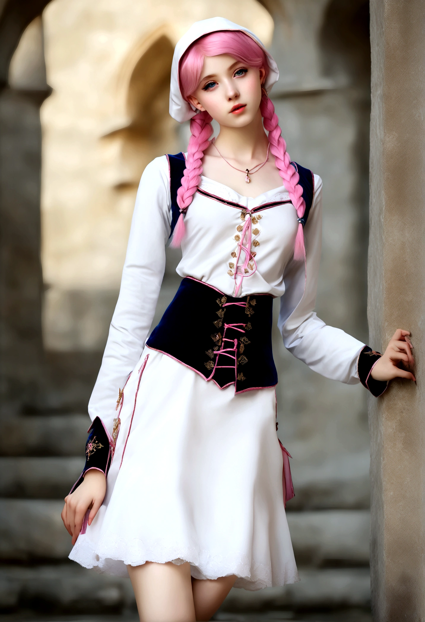 (masterpiece, Best quality, 32 thousand.), (((facing the viewer, full height))), ((full body)), Young age girl with pink hair , ((pink глаза)), ((Eyeliner)), ((Beautiful face, sultry face, mischievous face, fine features, sexy face)), ((pale skin, Smooth skin, perfect skin)), ((cute outfit, Stylish outfit, Medieval attire, fantasy outfit, tactical equipment:1.3))