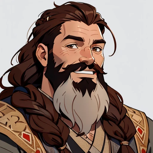 (masterpiece), (best quality),(portrait),selfie,1boy,solo,(sharp focus),Viking,red hair,brown braid,brown beard,plenty of beard,braid beard, (tanned skin),(ancient man:1), silver clothes,ancient luxurious long clothes,（simple background),old school fantasy art,dwarf,Ultra Glossy skin,laugh,smile,(((brown hair)))