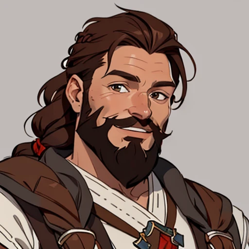 (masterpiece), (best quality),(portrait),selfie,1boy,solo,(sharp focus),Viking,red hair,brown braid,brown beard,plenty of beard,braid beard, (tanned skin),(ancient man:1), silver clothes,ancient luxurious long clothes,(simple background),old school fantasy art,dwarf,Ultra Glossy skin,laugh,smile,(((brown hair)))