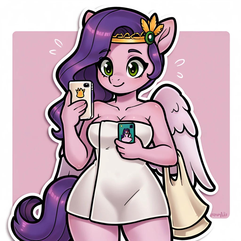 (score_9, score_8_up), Pipp Petals, pegasus, mlp, G5, wrapped in towel, medium breasts, holding phone