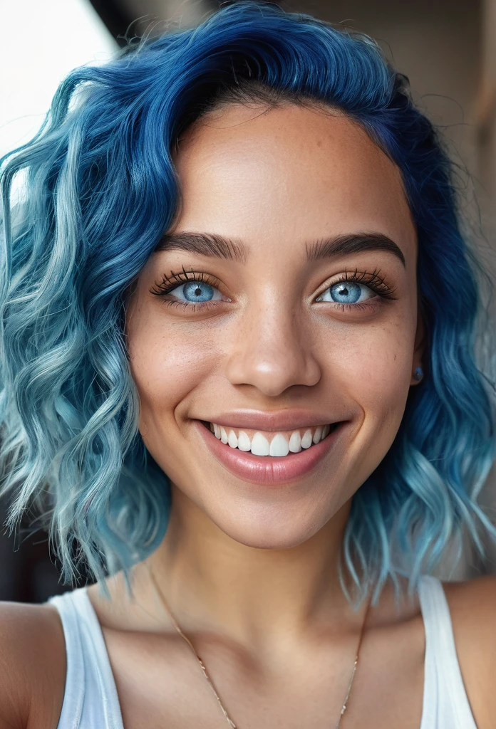 a smiling biracial woman with blue hair and light blue eyes, extremely detailed facial features, beautiful detailed eyes, beautiful detailed lips, selfie portrait, photorealistic, ultra-detailed, 8k, highres, masterpiece, vivid colors, natural lighting, intricate details
