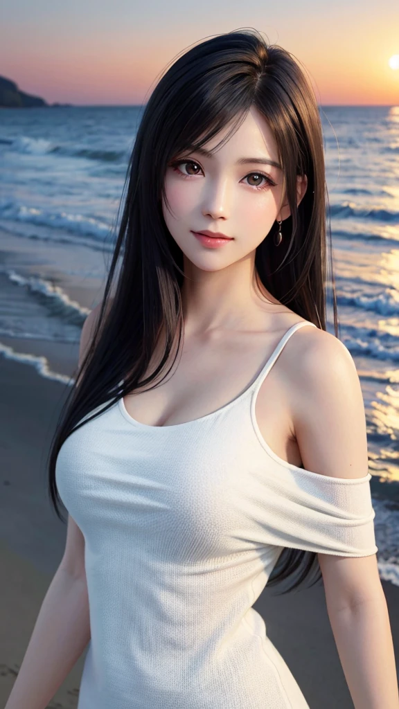 {Top Quality, Masterpiece}, (Realistic: 1.3), Wallpapers, ultra high res, ultra high quality, BREAK {{{FF7,Tifa_lockhart, solo}}},{Ultra-detailed face, Detailed Red eyes},(black Brown Hair, Large breasts: 1.0),(Imaginative Macanese Female Page, background is Unique seaside, at Sunrise), BREAK {wearing oversized loose sweater, off shoulder, Exquisite cloth, white Clothes}, clothed, (No Bra) ,(shiny oiled skin: 1.1), about 18 years old, BREAK {smile, kawaii},{{model pose}}, {{erotic eyes, erotic mouth, erotic face}}