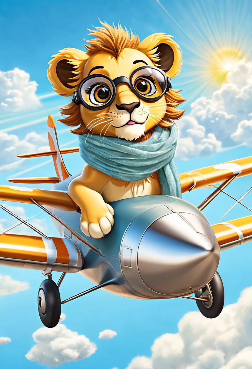 Cute lion in pilot goggles and scarf flying in first airplane against sunny sky background, with cute baby face, big eyes, on light blue background with fluffy clouds, adventurous facial expression, high resolution, hyper realistic, high resolution, photorealism style
