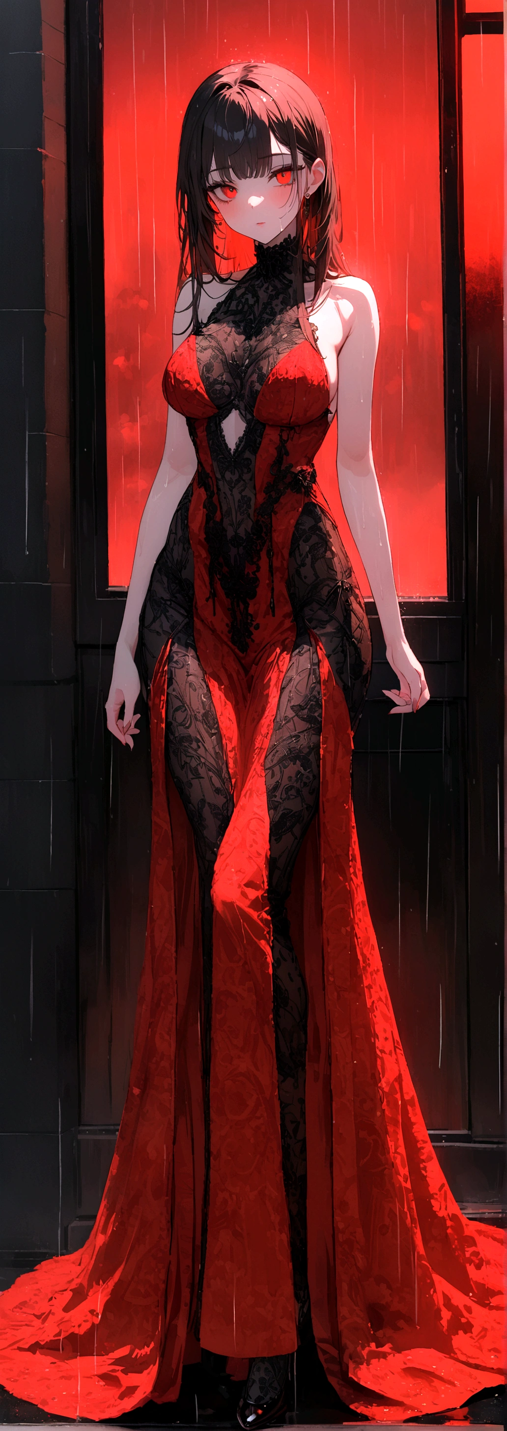 ((ultra realistic illustration:1.2)),(dark fantasy:1.4), (seductive). In a ornate bed chamber. Beautiful vampiress. long black hair, red eyes, ((very pale:1.4)), beautifully fit figure, natural perky breasts. Blood red lipstick, long sheer gown, .Masterpiece, (highly detailed:1.2),(detailed face and eyes:1.2), 8k wallpaper, natural lighting. core shadows, high contrast, bokeh.