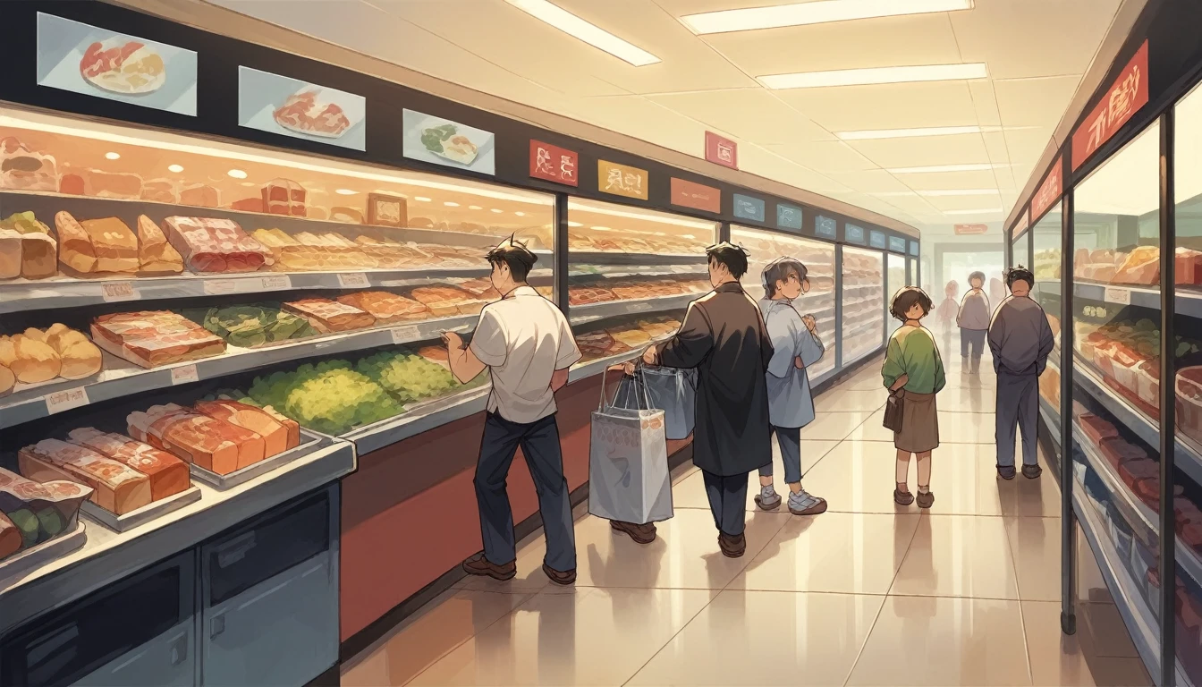 supermarket,armageddon,panoramic interior,two-dimensional style,japanese people animation style