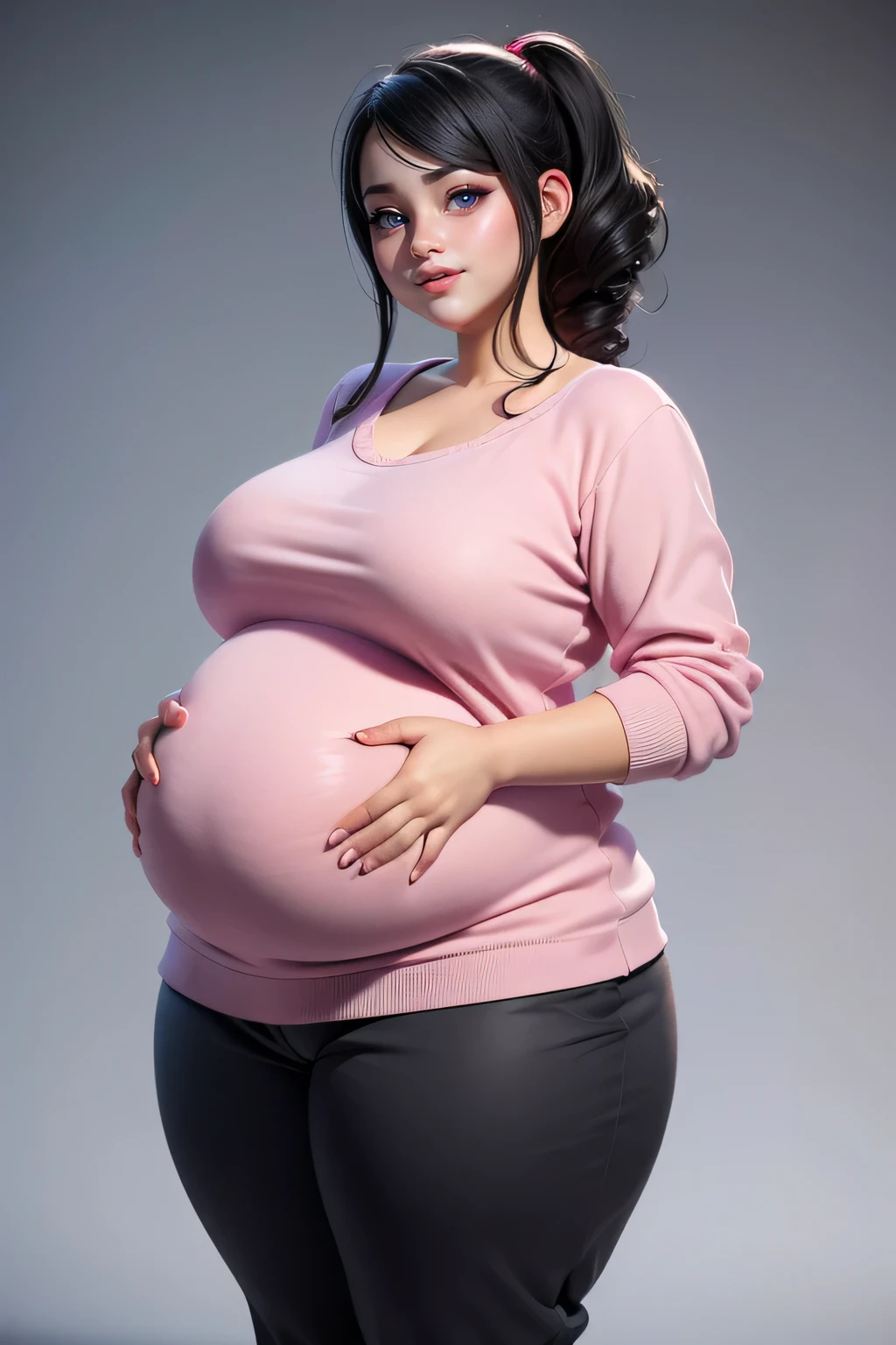 A hyper realistic carricature ,photorealism,of a fat pregnant woman 25 yo.with random black hair style,standing.wearing sexy rapink pijama ,short pants,light smile, high detail,3d render,high definition