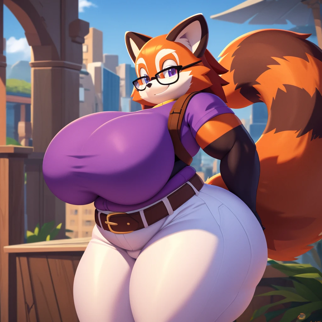 Mobian, red panda, female,huge , white pants, purple shirt, shoulder belts ,huge , huge ass, thicc, fat, high detail, masterpiece, UHD, anatomically correct, super detail, highres, 4K, glasses