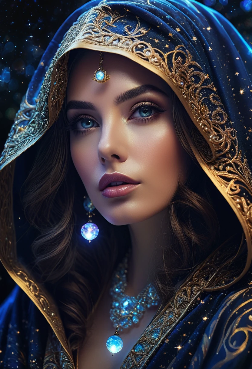 astrologer,beautiful detailed eyes,beautiful detailed lips,extremely detailed face,extremely detailed eyes,longeyelashes,((Upper body shot))intricate robe,hooded figure,starry night sky,glowing crystal ball,swirling cosmic energy,dramatic lighting,cinematic composition,(best quality,8k,highres,masterpiece:1.2),ultra-detailed,(realistic,photorealistic,photo-realistic:1.37),digital painting,fantasy,mystical,atmospheric