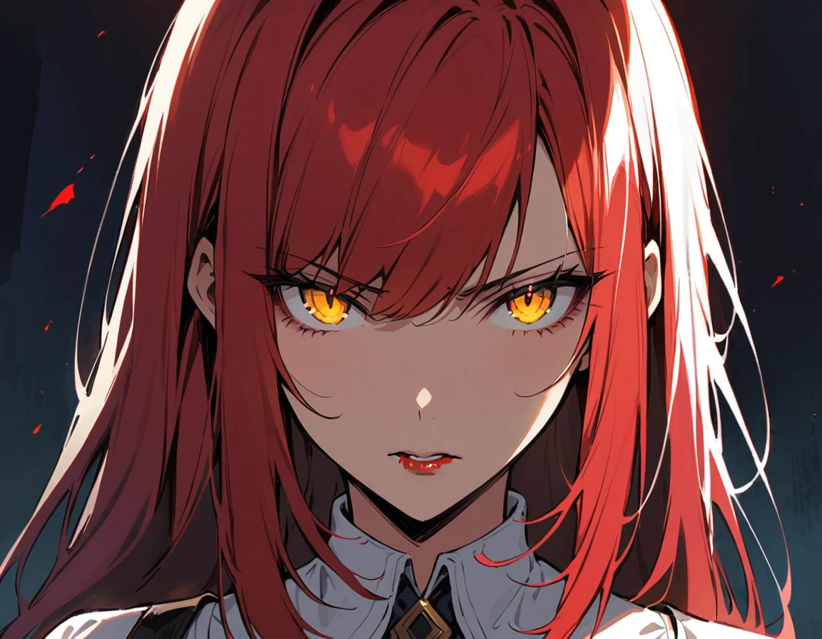 Long red hair, yellow eyes, evil, sexy, black and red clothes, cute hairstyle, evil face, evil, serious look, gloss lips, sinister, front look, bloody, gloves, (((half-body portrait))), beautiful eyes, short dress, big white, dark place, night, sensual, straight hair cut, clear skin, evil, young 30 years girl, adult girl, solo, red, very long hair, (((Older mature woman)))