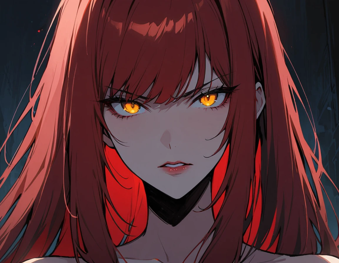 Long red hair, yellow eyes, evil, y, black and red clothes, cute hairstyle, evil face, evil, serious look, gloss lips, sinister, front look, bloody, gloves, (((half-body portrait))), beautiful eyes, short dress, big white, dark place, night, sensual, straight hair cut, clear skin, evil, young 30 years girl, adult girl, solo, red, very long hair, (((Older matman)))