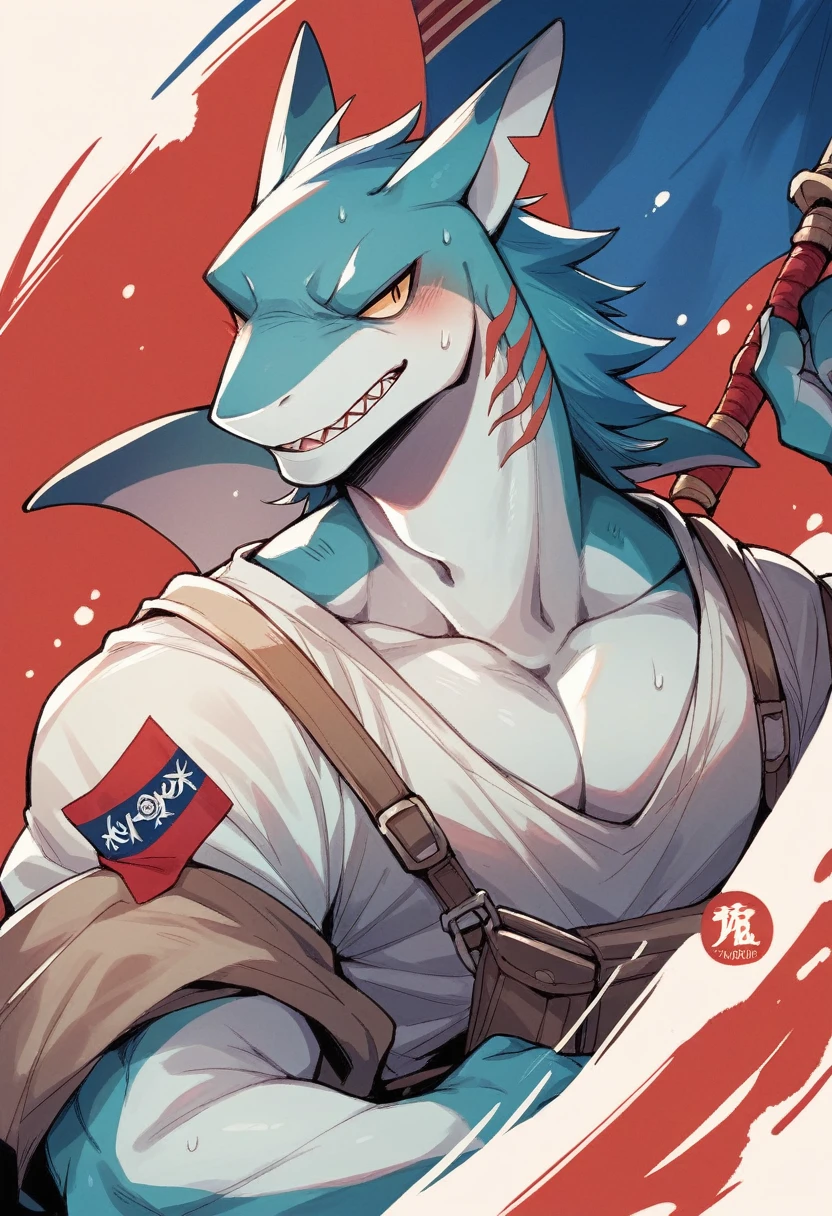 character a hybrid fox mixed with shark and lizard color of the character red half of the face the other half white cold but friendly personality that is the [Call of Duty] profile logo has my name Moisés and has the background of the flag of Venezuela