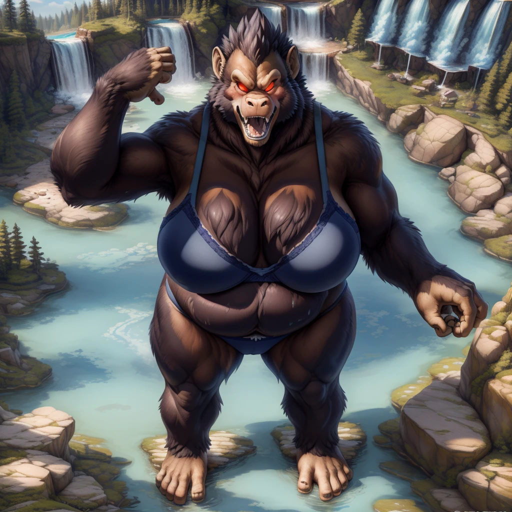 solo, breath (ultra detailed), a beautiful and detailed full size portrait of a female anthro gorilla, oozaru, brown fur, fur body, monkey tail, red eyes, close up view, glowing eyes, empty eyes, tail, bedroom eyes, detailed eyes, big body, sexy body, (wide body). goddess, kenket, Ross Tran,ruan jia, trending on artstation,foxovh, cenematic lighting, high angle view, front view, big breaths, huge boobs, big boobs, big boobs, big boobs, big , big , day, tree, (((lake, waterfall, taking a bath))), curvy figure, fat, obese, (((quarter view, standing, blue navy bra, blue navy panties, arms behnd head, angry, open mouth, blush, feets visible))