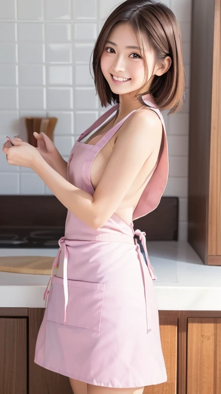 ((Highest quality, 8K, RAW Photos, masterpiece :1.3)), (Realistic、Photorealistic:1.37)、Very detailed、Ultra-high resolution, (Professional Lighting), ((From below:1.2)),((Full body photo)),alone, 1 female, alone, (18-year-old), Japanese, Beautiful and elaborate face, Shining Eyes, Brown eyes,Small breasts、 Small breasts:1.3,(Nogizaka-style beautiful girl) , Fine and beautiful skin, Skin Texture, Blue Kitchen,
(Healthy Smile), (Pale pink string panties, Brown Hair),(Naked Apron:1.5、Tiny sexy apron:1.3), Recall,
girl,alone、Looking to the side