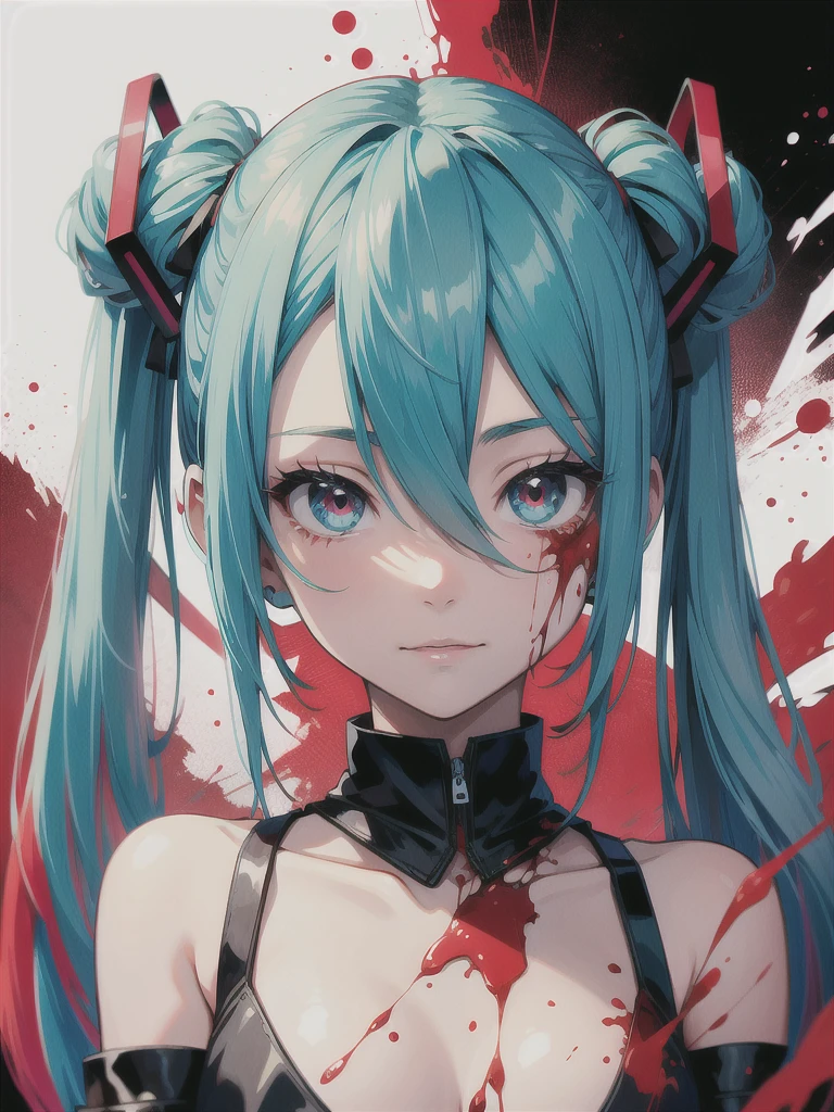 hatsune miku, red hair, psychopath face, blood