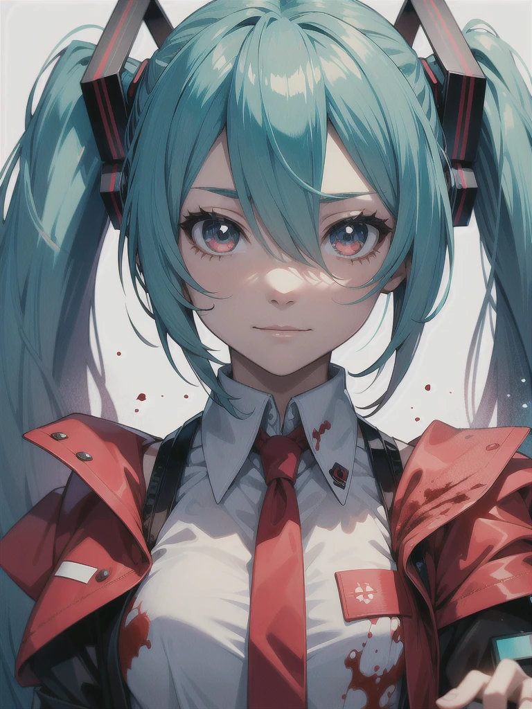 hatsune miku, red hair, psychopath face, blood