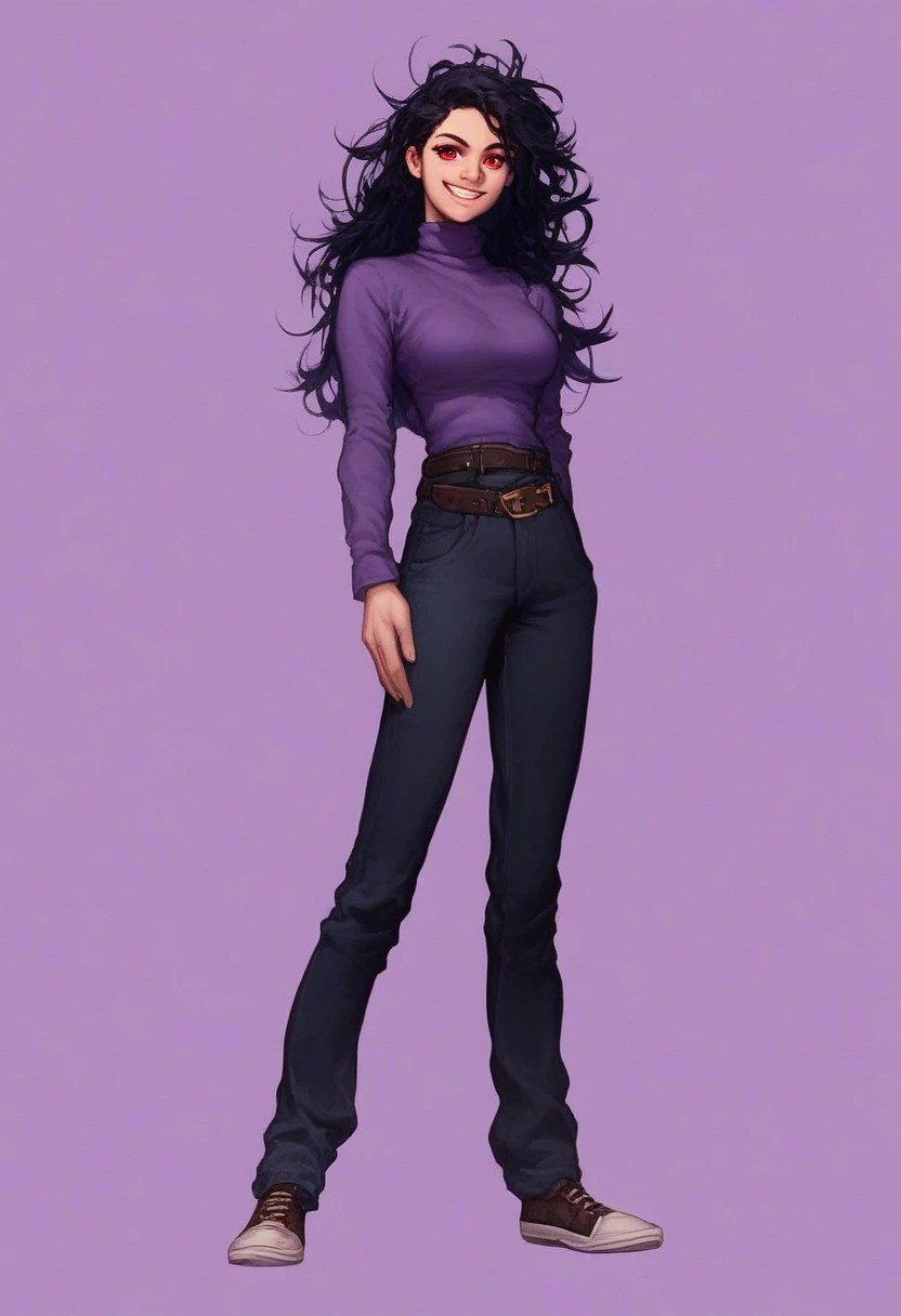 sarah_henderson, 1girl, solo, long hair, looking at viewer, smile, simple background, black hair, red eyes, long sleeves, medium breasts, standing, full body, shoes, belt, pants, sweater, turtleneck, messy hair, purple background, purple sweater,