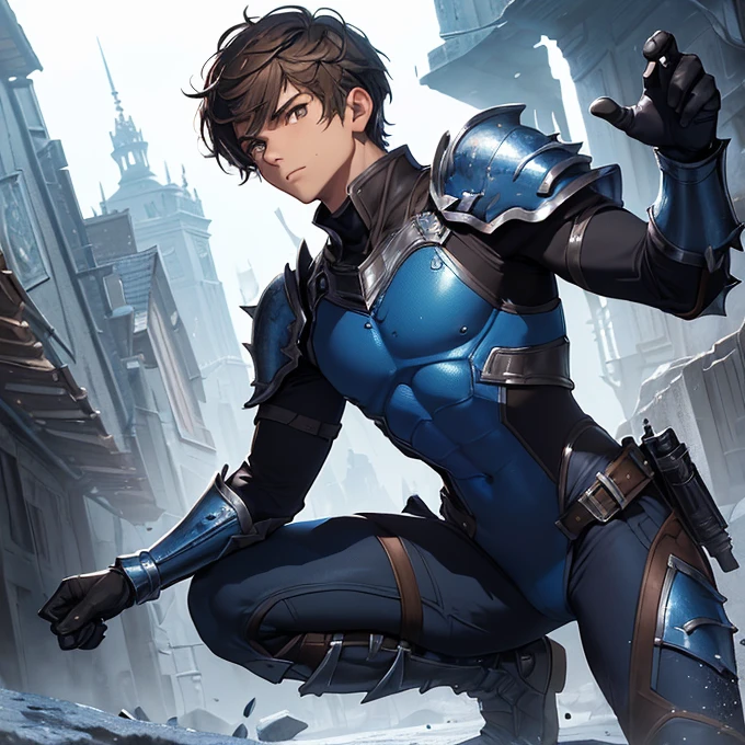 (absurdres, best high quality image, carefuly detailed features and textures, very detailed image, solo character alone, front character view, warcraft-alliance-aesthetic): {{(1character: 14 years old male human gunner boy), (fair skin, brown spiky short hair, brown eyes, slender body), (dark blue light armor, dark blue light shoulder plates, light-armor plate, blue body suit under the armor, blue pants under the armor, dark blue gauntlets, dark blue metal long boots), (silver pistol), (relaxed shooter pose, holding his pistol with his left hand, combat pose), (modern human british city)}}